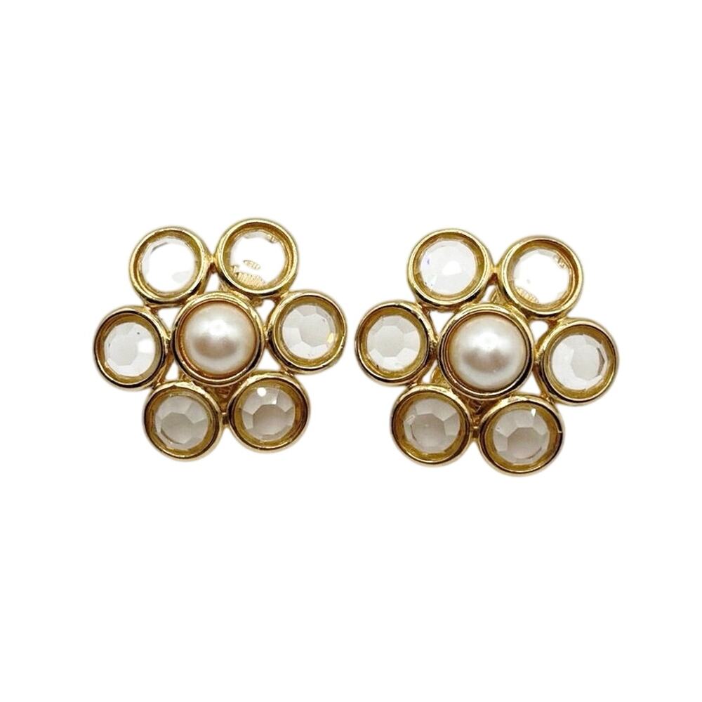 Monet Faux Pearl And Lucite Flowers Clip On Earrings